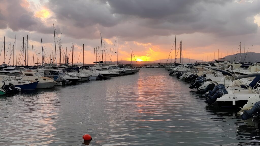 L'immagine di un porto turistico al tramonto rappresenta l'impegno di Sinloc nel settore delle marinas, confermato dalla nostra presennza al Salone Nautico di Genova 2025